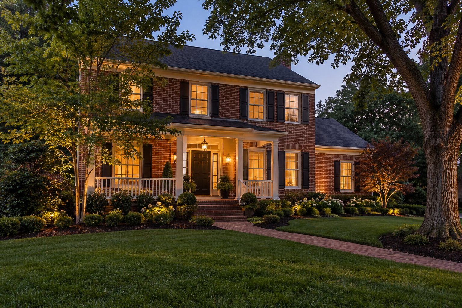 A brick colonial home with a front porch in soft evening light in Maryland, illustrative