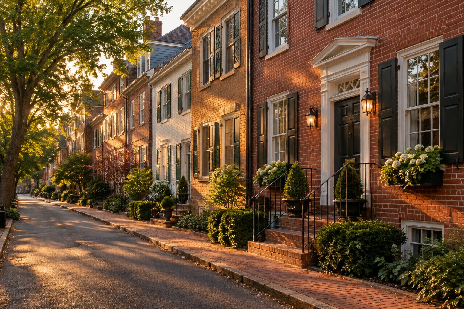 A Maryland street at golden hour, illustrative