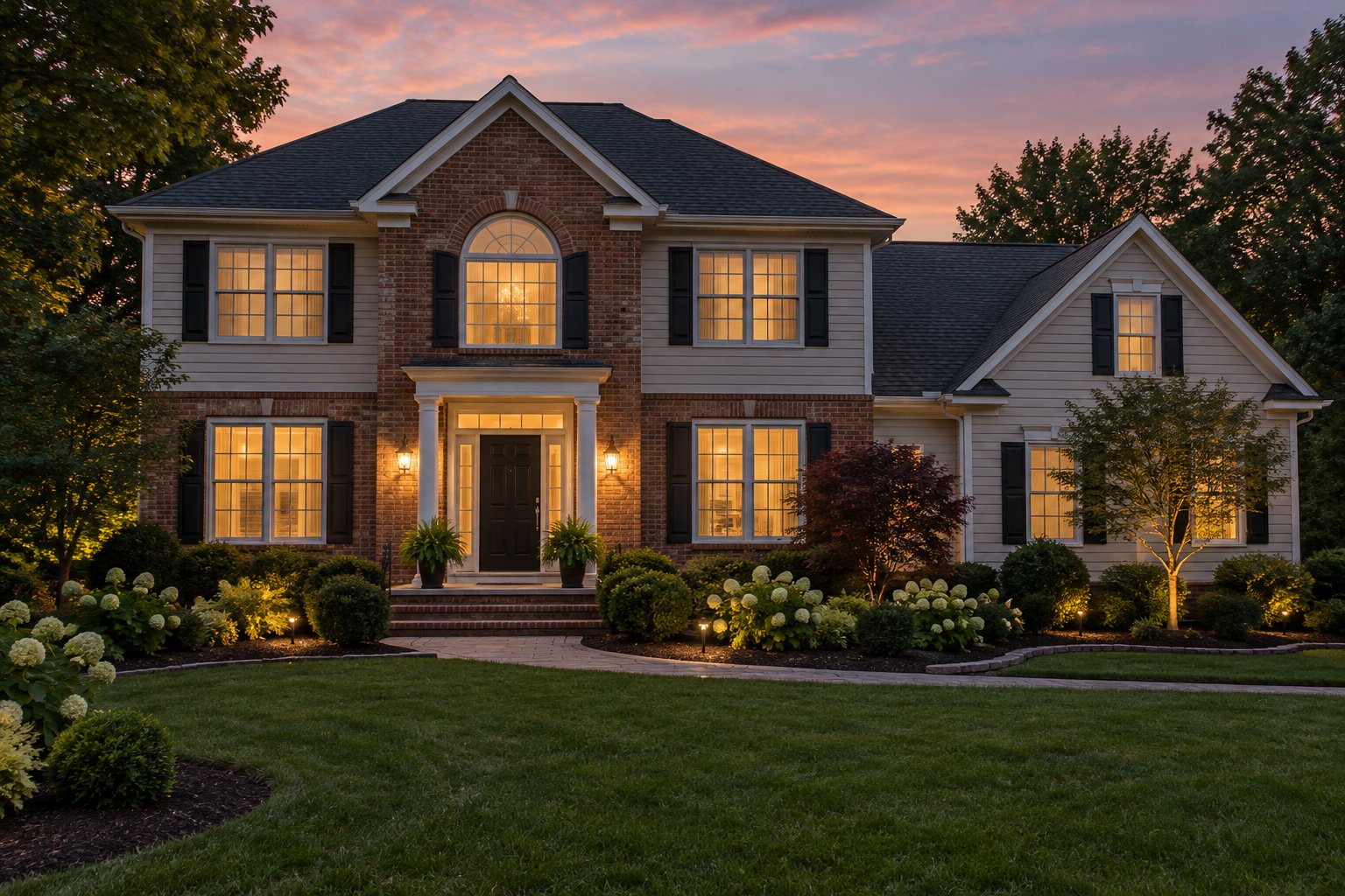 A Maryland colonial home at dusk, illustrative